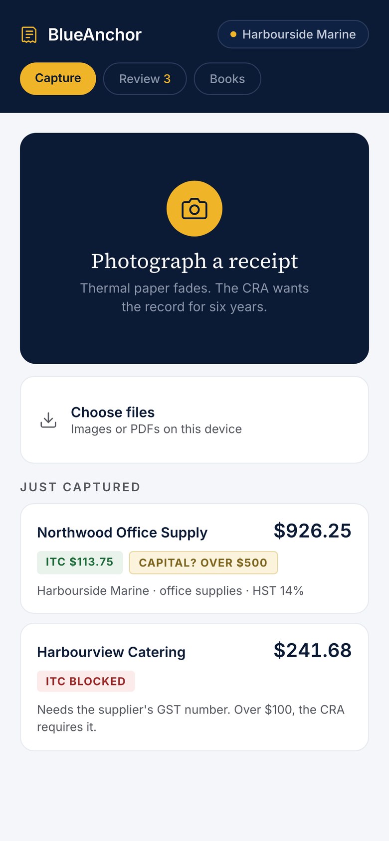 The BlueAnchor capture screen. A camera button reads photograph a receipt, and below it two receipts just captured, one for nine hundred and twenty six dollars and one for two hundred and forty one.