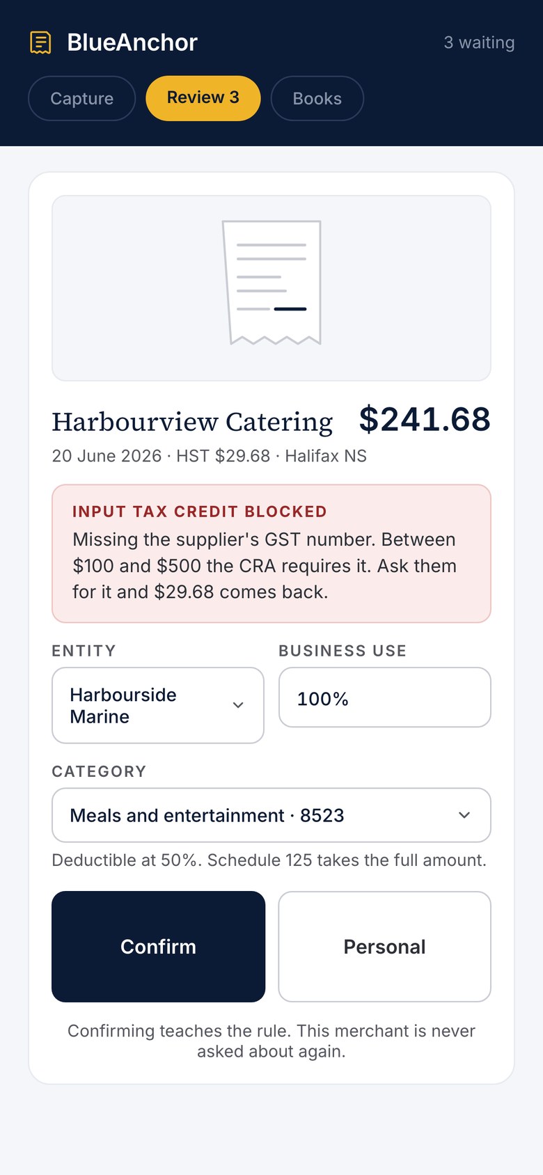 The BlueAnchor review screen for a two hundred and forty one dollar catering receipt, flagging that the supplier's GST number is missing and twenty nine dollars sixty eight of credit is blocked until it is.