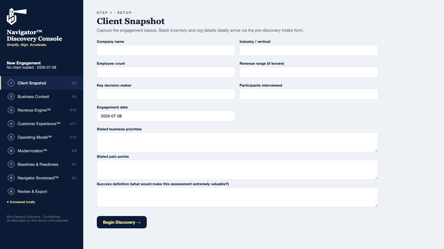 The Navigator Discovery Console — a structured discovery workspace organized around the four Navigator pillars